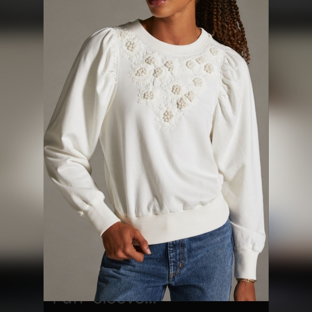 Anthropologie Cream Embroidered Puff-Sleeve Sweatshirt Cotton Size XS Oversized